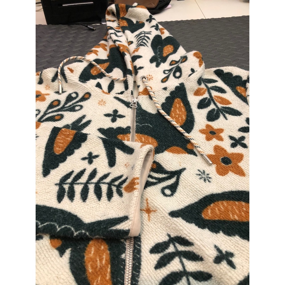 Happy Earth Fleece Hoodie Jacket Unisex Medium Cream Green Bird Floral Zip Up - Picture 3 of 9